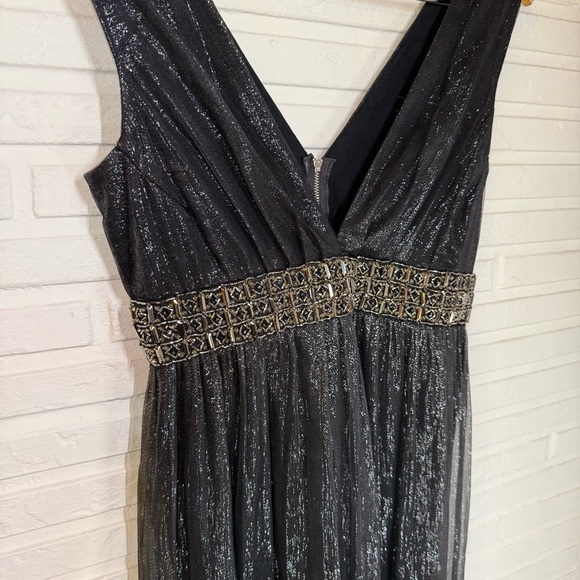 Black Metallic Silver Rhinestone Waist Band Silk Gown, Women’s Size Medium - Picture 3 of 11